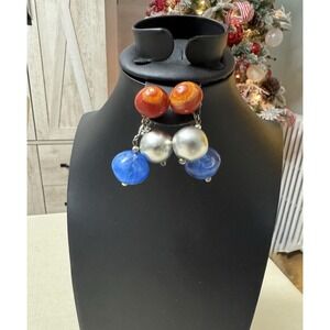 Vintage Marvella Clip Earrings Lucite Beads Red Blue Silver Mid Century‎